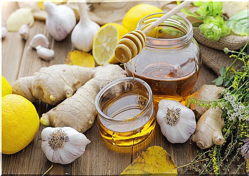 Bottles of a thousand with ginger root, lemons and white garlic.