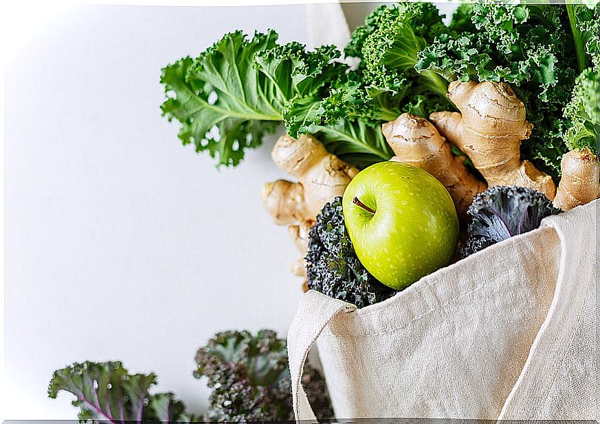 Cloth bag with vegetable food.