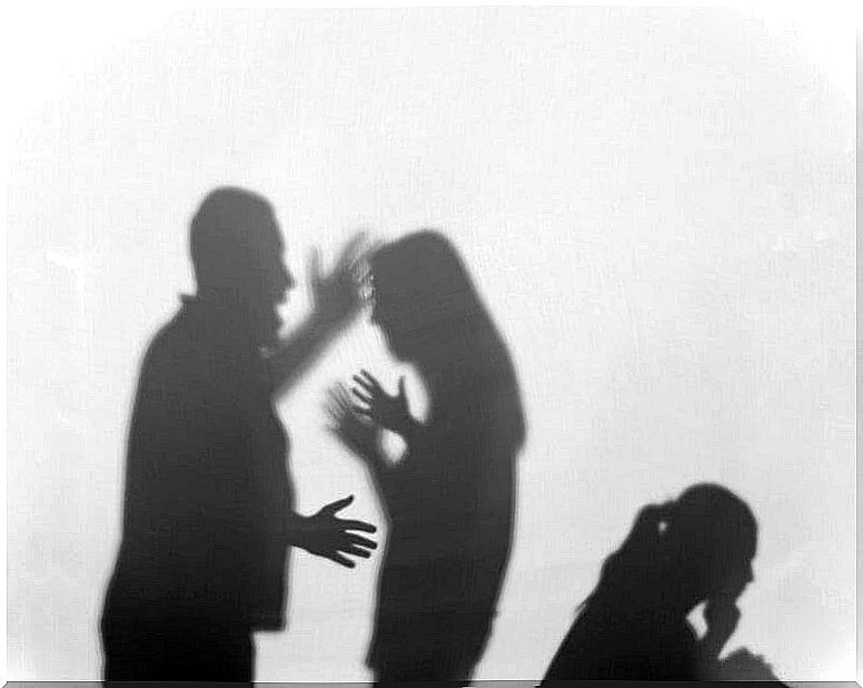 Shadows of an argument between a couple and a child